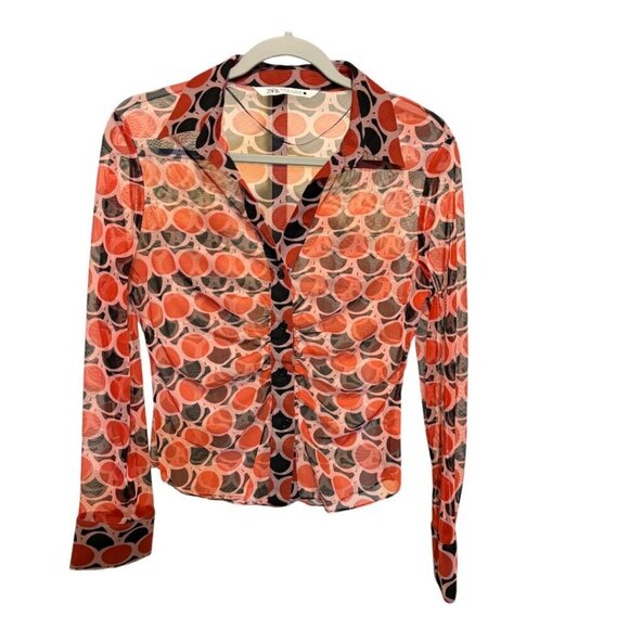 Zara Sheer Ruched Button Front Blouse Red Black Polka Dot - Picture 2 of 6
